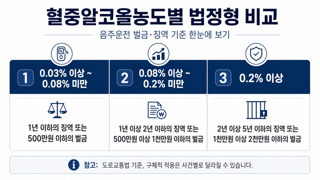 혈중알코올농도별 음주운전 벌금과 징역 기준 비교
